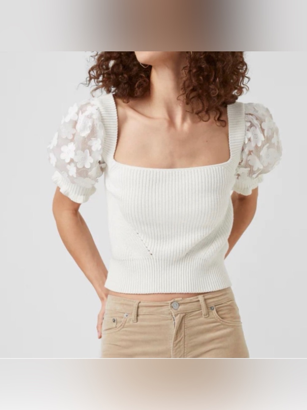 Industry Caballo Mozart Puff Sleeve Sweater - Short Sleeve, Floral, Knit